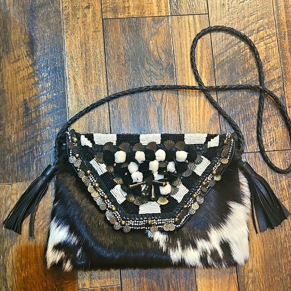 Anthropologie Ibban Calf Hair Leather Black and White Beaded Women's Purse.‎ - Picture 2 of 15